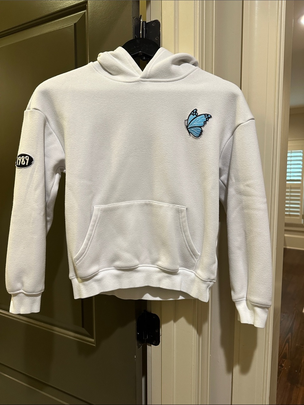 Lola + The Boys White Hoodie with Light Blue Butterfly